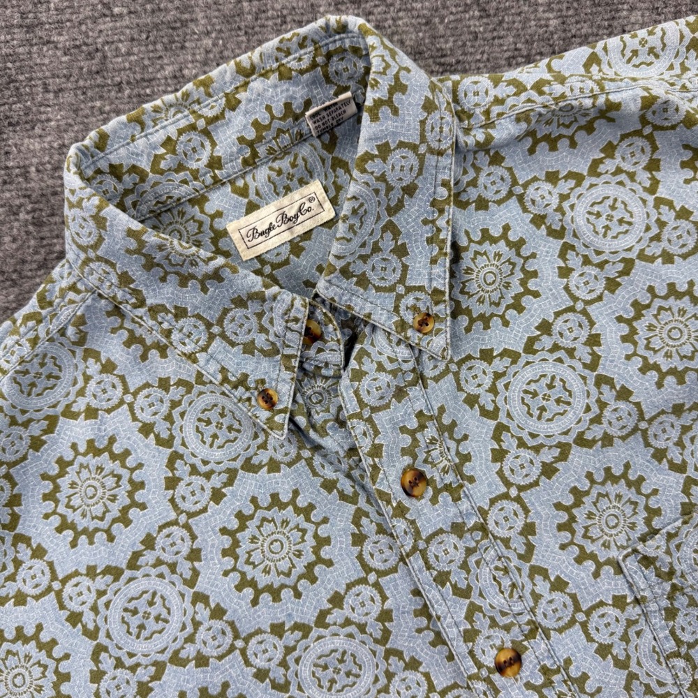 Bugle Boy Co Button Down Shirt Large Blue Green Geometric Vintage Men's‎